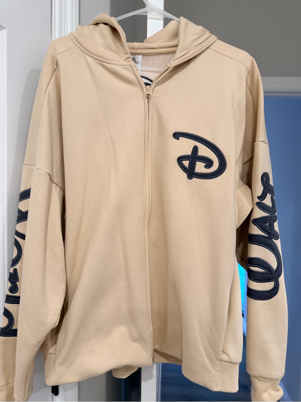Disney parks Wdw unisex Beige Zip Front Hoodie with Navy Script preowned large